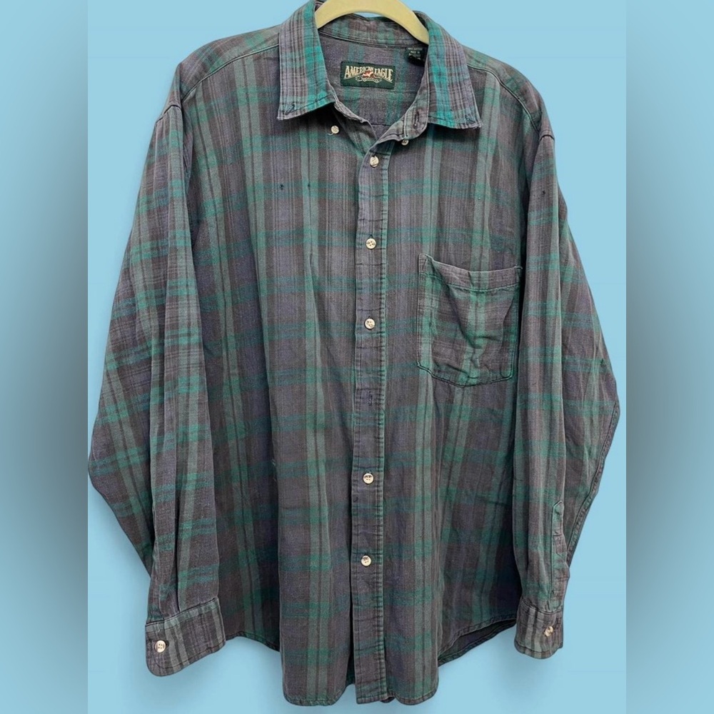 Vintage 90s Distressed American Eagle Long Sleeve Tartan Plaid Button Shirt